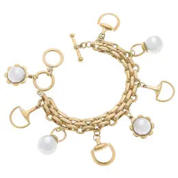 Ella Horsebit and Pearl Charm Bracelet in Worn Gold