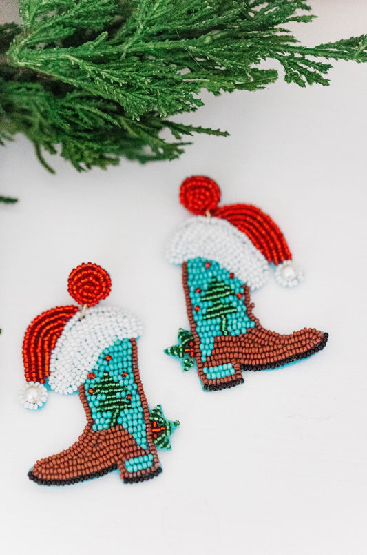 Christmas Cowboy Boot Beaded Dangle Earrings