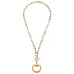 Louisa Horsebit Pendant Pearl Cluster T-Bar Necklace in Worn Gold